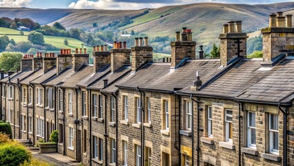 Fototapeta premium Chimney tops on row of stone terraced houses in Lancashire