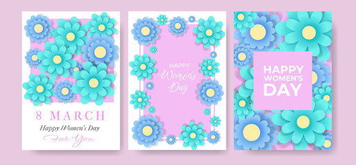 Bright Women's Day Greeting Card or Banner set with Paper cut Colorful Flowers. 8 March International Holiday Templates for Poster, Cover, Label, Sales. Vector Modern Poster with Trendy Typography.