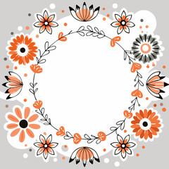 A modern vector wreath design, featuring stylized orange and black flowers and leaves against a soft grey backdrop, offers a contemporary and elegant botanical frame