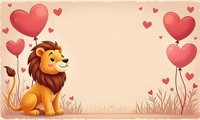 Dreamy Lion Gazing at Floating Heart Balloons in Whimsical Valentine Setting