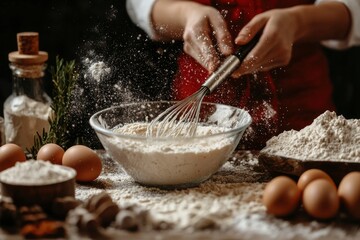 Fototapeta premium Baking at home whisking ingredients in a glass bowl on a wooden table