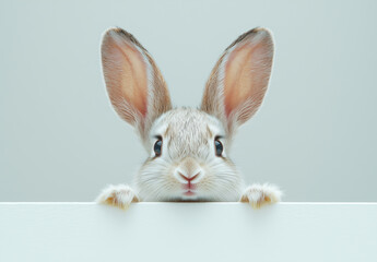 Obraz premium Easter concept: A cute little bunny peeking over the edge of an empty white surface, with big eyes and long ears, in soft pastel colors, isolated on a white background, high in detail