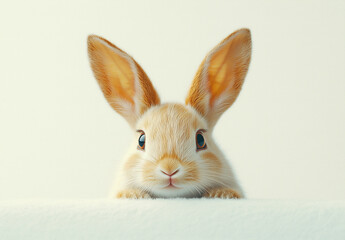 Obraz premium Easter concept: A cute little bunny peeking over the edge of an empty white surface, with big eyes and long ears, in soft pastel colors, isolated on a white background, high in detail
