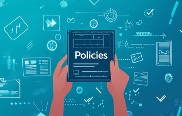 Digital policy certifications management visualization policy documentation compliance concept.