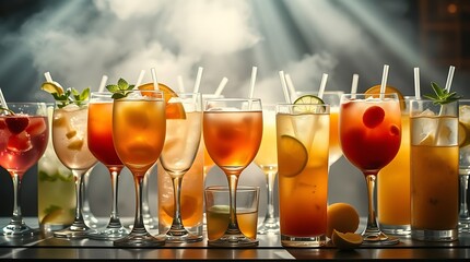 Large collection of summer refreshing cocktails in transparent glasses