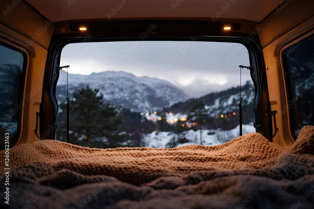 Wall mural Cozy van camping View of snowy mountain village from camper van bed at dusk