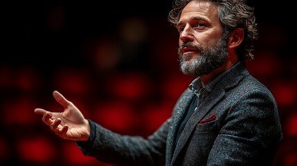 Engaging speaker presenting ideas passionately on stage with a blurred audience in red lighting