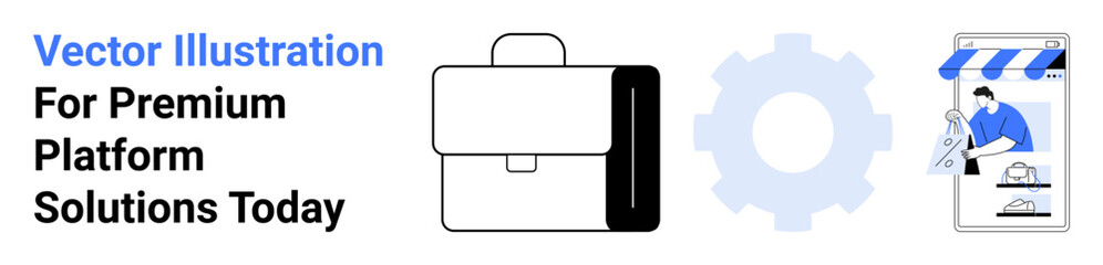 Briefcase symbolizing business, gear for mechanics or process, and online storefront scene. Ideal for innovation, e-commerce, marketing, technology, development, strategy flat landing page banner