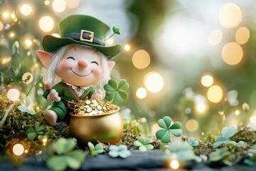 Fototapeta premium Whimsical irish leprechaun figurine with pot of gold in enchanting fairy tale forest scene.