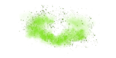 Fantastic green smoke background. Green spice powder explosion, spice splash, Magic smoke with glitter and small particles, fog with glowing particles, green steam. PNG.
