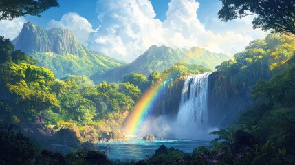 Fototapeta premium Tropical waterfall rainbow scenic landscape, paradise travel poster