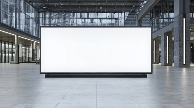 A large blank screen stands prominently in a modern, spacious lobby with sleek architecture and abundant natural light.