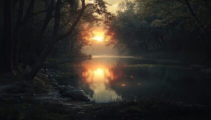 Fototapeta premium Tranquil lake scene reflecting a golden sunset among the trees