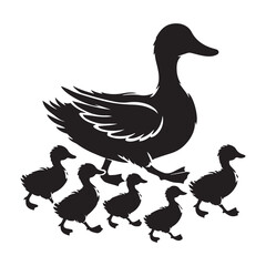 Ducklings following a mother duck Silhouette Vector Illustration, Solid White Background.