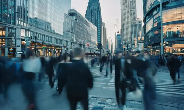 Downtown of a big city with people passing by in fast motion. urban life