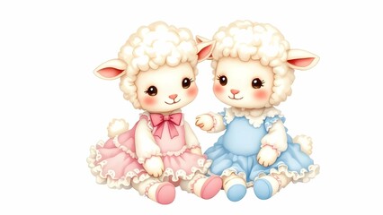 Two adorable lambs, one in a pink dress and the other with a blue bow, sit side-by-side, gazing at each other with sweet expressions