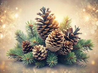 Double Exposure: Pine Cones & Evergreen Branches on Neutral Background - Nature Stock Photo
