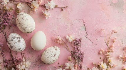 Fototapeta premium a delicate Easter composition, speckled eggs and soft pastel flowers arranged on a textured pink background