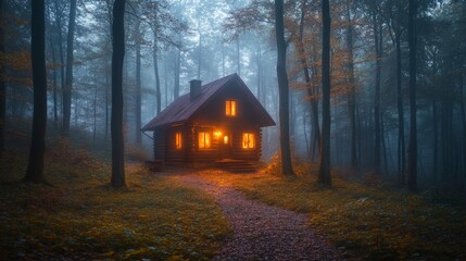 Cozy log cabin in a misty forest illuminated by warm light at dusk