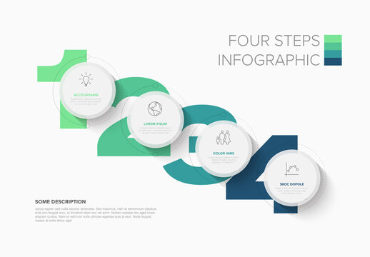 Four Step Infographic Template with blue green Numbers and big circle diagonal buttons