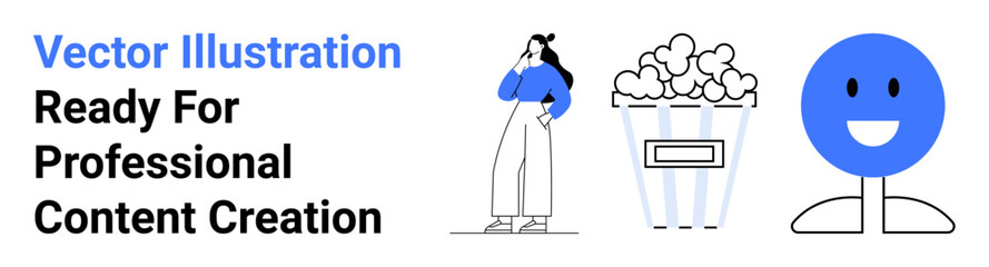 Woman in casual outfit pondering, popcorn bucket symbolizing leisure, blue happy face denoting positivity. Ideal for entertainment, creativity, leisure, brainstorming, positivity, content creation