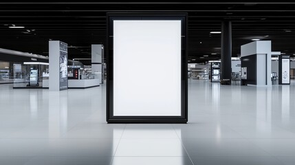 A blank display stands in an empty, modern exhibition space, surrounded by minimalistic architecture and a polished floor.