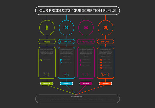 Product Dark Subscription Plan Options Pricing Infographic Template with color borders