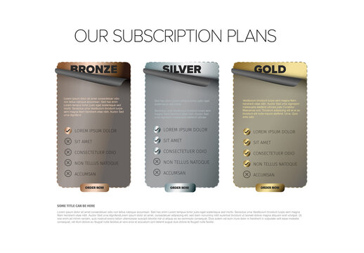 Golden silver and bronze Dark Subscription Plans Comparison Chart Template