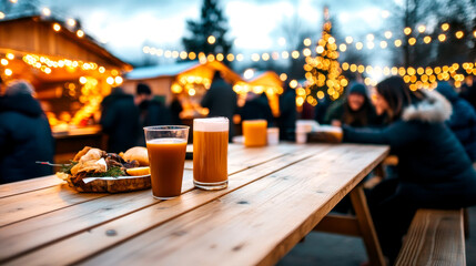 A cozy winter market scene with glowing lights, people enjoying drinks at wooden tables, and festive decorations, creating a warm holiday atmosphere.