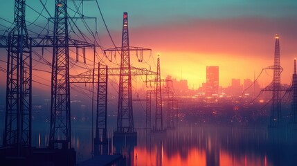 Cityscape at Dusk: Power Lines and Urban Glow