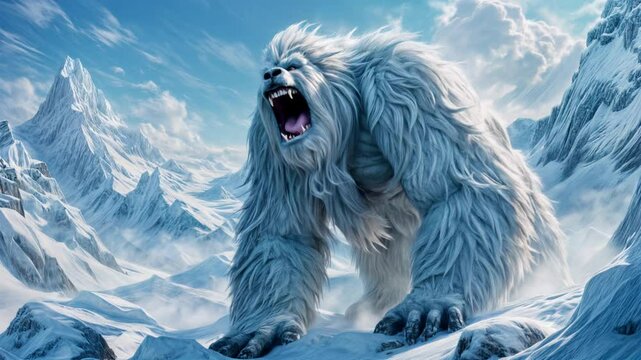 A massive Yeti creature roams the snowy mountains, showcasing its immense power and mythical presence. The icy landscape and the Yeti's intimidating size create an atmosphere of mystery and legend