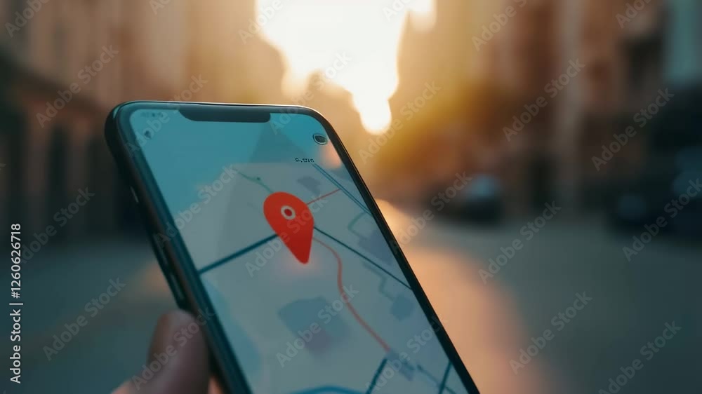 Poster traveler navigating city streets using digital map application, showing geolocation pin on smartphon