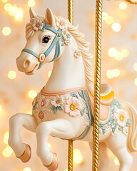 Vintage carousel horse, carousel horse with floral details, elegant carousel horse for nostalgic design, colorful carousel horse decoration for children, carnival aesthetics.