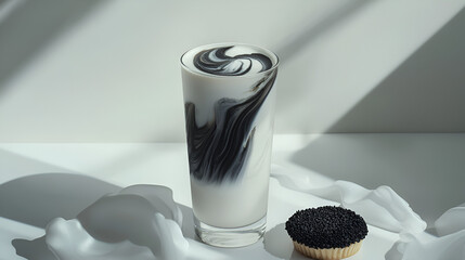 Black sesame latte art drink paired with a petite black sesame pastry in a light, modern setting.