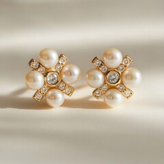 Fototapeta premium Elegant pearl and diamond flower earrings on soft background