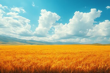 Fototapeta premium Expansive golden wheat field under a vibrant blue sky with fluffy clouds and distant mountains