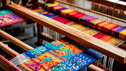 Traditional loom crafting colorful tapestry in progress