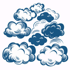 A captivating vector illustration of whimsical blue clouds in various intricate shapes, offering a dreamy and playful element to enhance creative projects and designs