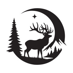 Elk under a crescent moon Silhouette Vector Illustration, Solid White Background.