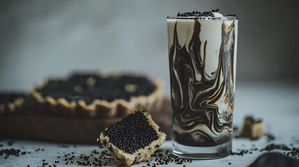 Sesame seed dessert: tart and beverage with appealing visuals.