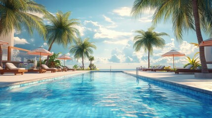 Obraz premium tropical resort with a stunning swimming pool overlooking the ocean, surrounded by palm trees