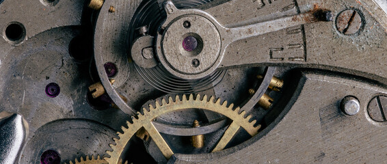 Details of the mechanism of a mechanical clock. Macro shooting