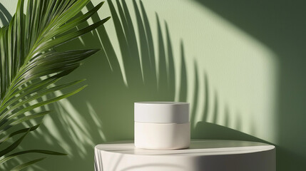 white porcelain  cosmetic jar on display base  isolated on mint green background