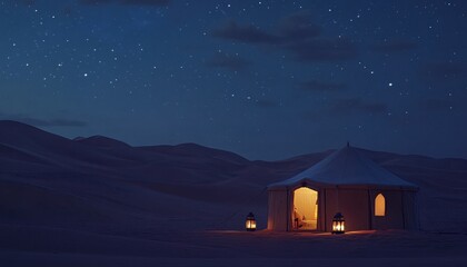 A desert landscape at night, featuring a round, light brown tent illuminated by warm, interior light and exterior lanterns under a vast, star studded sky. The tent is situated in a sand dune