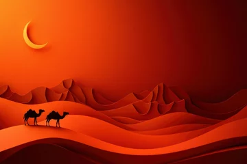 Fototapete Camels walk through desert landscape with moon. Use as background or illustration © talkative.studio