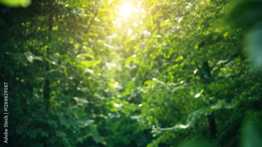 Poster sunlit canopy: sunlight streams through a vibrant, lush canopy of green leaves, creating a dappled l