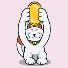 vector illustration of lucky cat icon lifting gold pieces. premium vector icon. flat vector design
