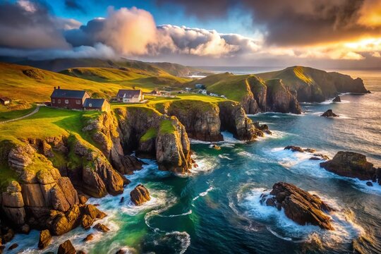 Dramatic Coastal Scene: Valtos Isle of Lewis, Scotland, shrouded in sea mist.