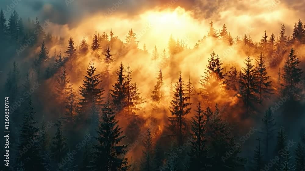 Poster golden hour in the pines: sunbeams pierce through a mystical fog, illuminating a dense forest of pin