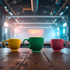 Three Coffee Cups of Green, Yellow and Pink are placed on a Wooden Table, with Blurred Background
